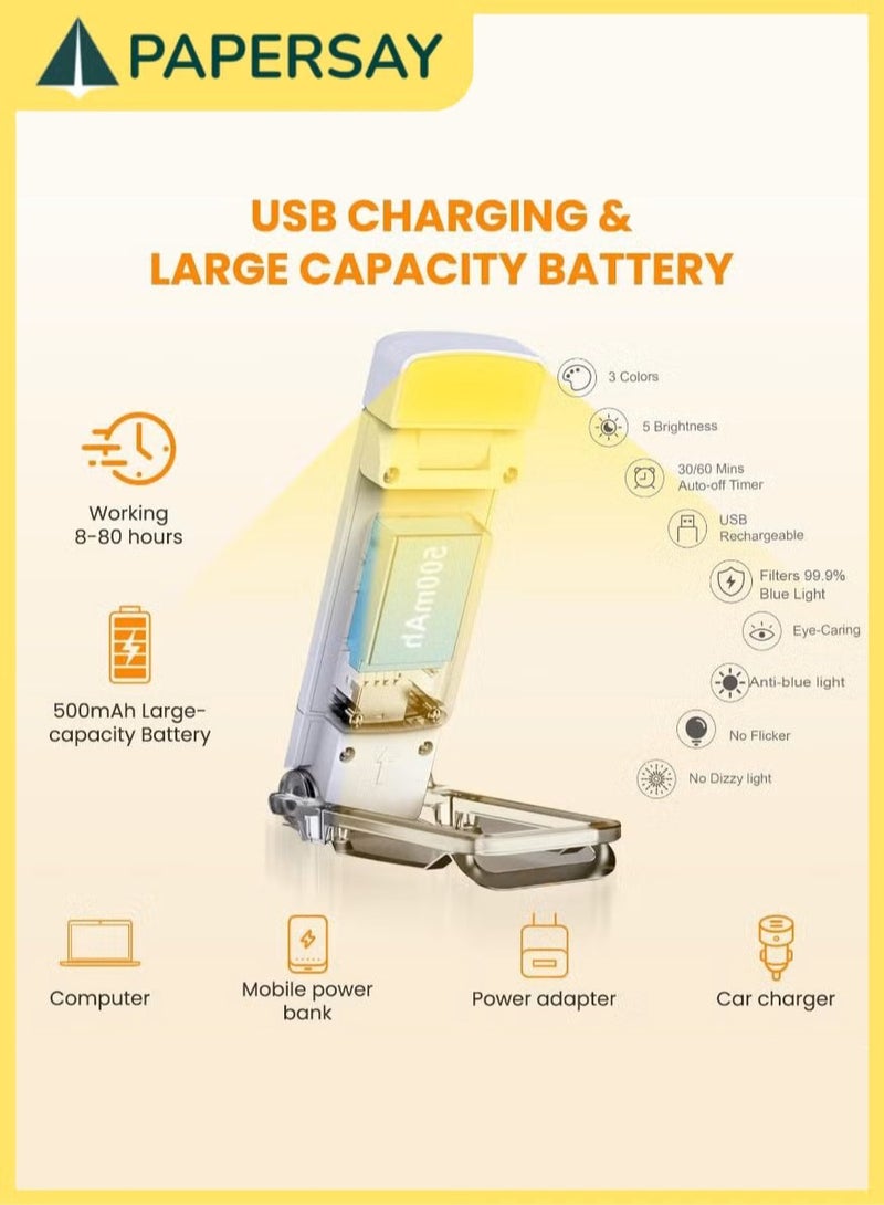 PAPERSAY USB Rechargeable Book Light for Reading in Bed, Book Reading Light with Clip,3 Amber Colors and 5 Adjustable Brightness,Small and Convenient, Eye Protection, for Kids and Book Lovers(White) - Image 4